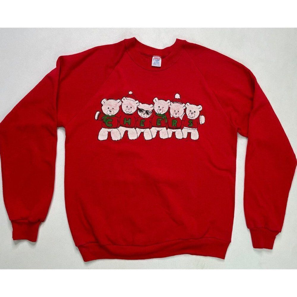 VINTAGE Jerzees Graphic Cheers Teddy Bear Sweatshirt Men Medium Red 80s USA